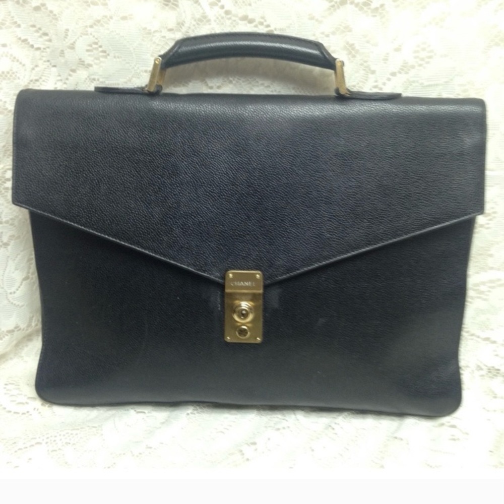 Vintage, Authentic Chanel Uni-sex Black Leather Briefcase 15in x 11in x 2in